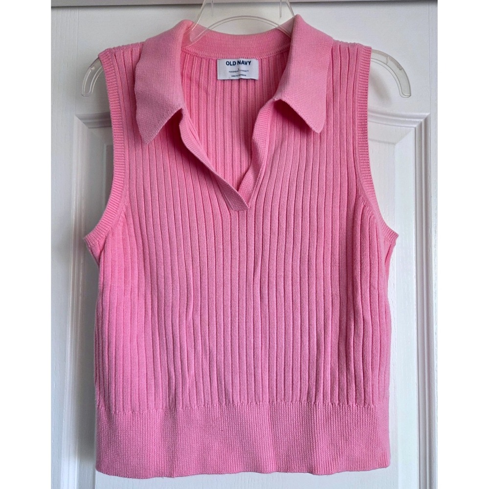 Old Navy Pink Ribbed Knit Sleeveless Sweater Vest Polo Collar V-Neck Large
